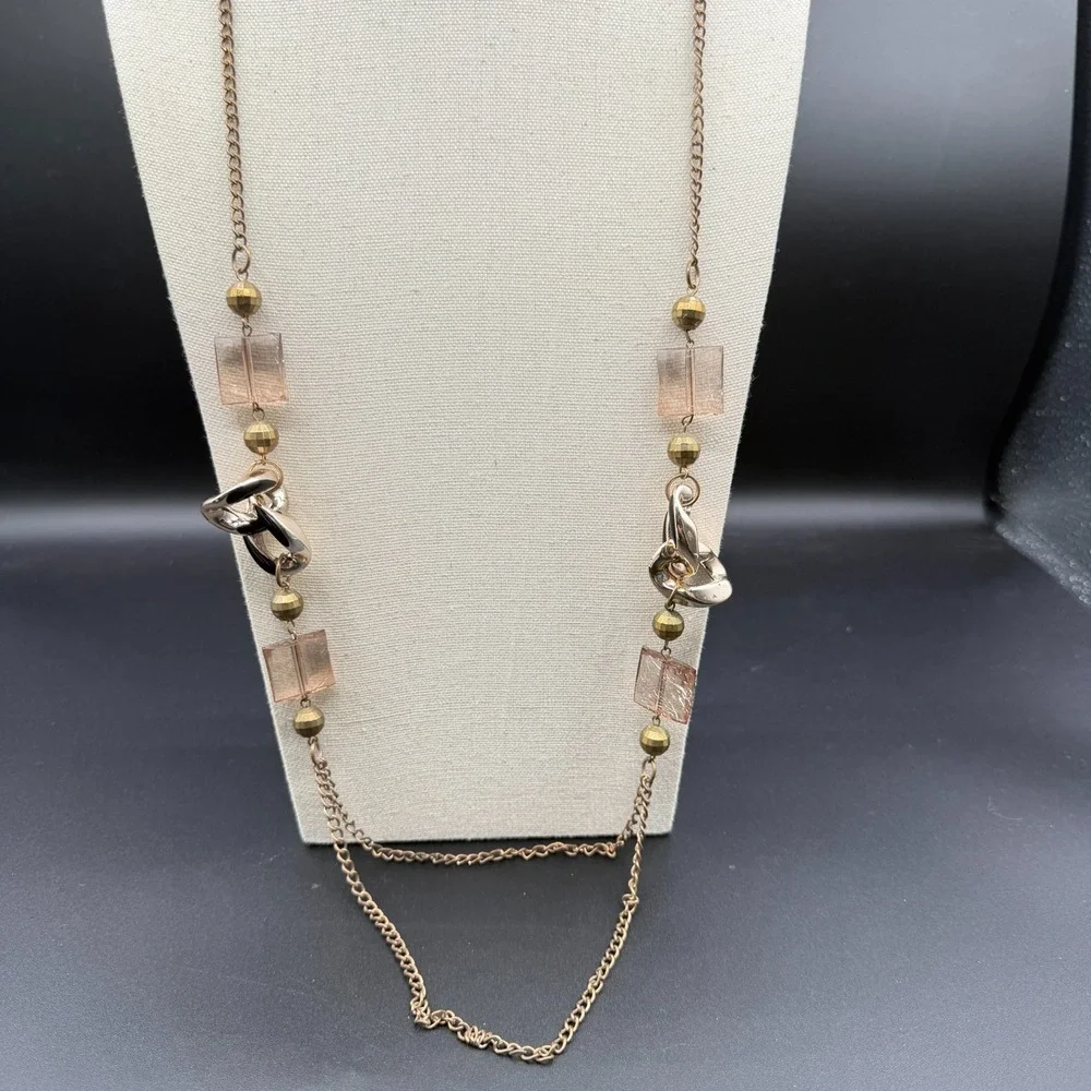 Gold Tone Long Chain Necklace Pink Lucite Beads Black Enamel Links Layered Boho